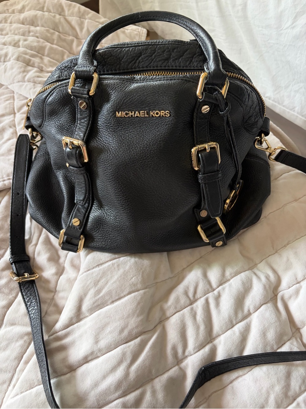 Michael Kors Black Pebbled Leather Purse with Gold Accents
